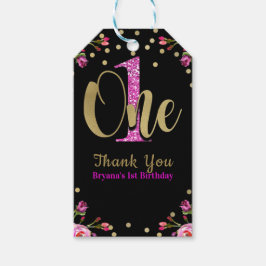Rosa Glitzer ONE Black Floral 1. Geburtstag Party Geschenkanhänger
