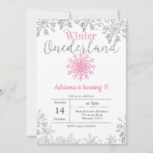 Rosa Glitzer Onederland Einladung zum Geburtstag (Vorderseite)