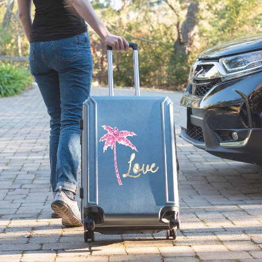 Rosa Glitzer Palm Tree Gold Liebe Aufkleber (Koffer Insitu)