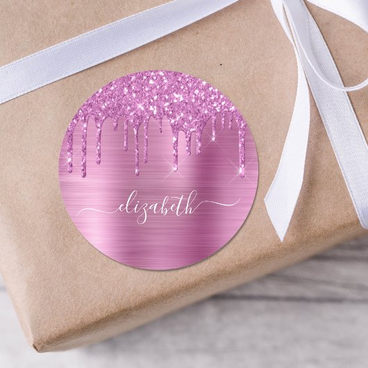 Rosa Glitzer Personalisiert Runder Aufkleber