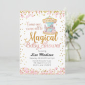 Rosa Glitzer Pferde Karussell Kinderdusche Einladu Einladung (Stehend Vorderseite)