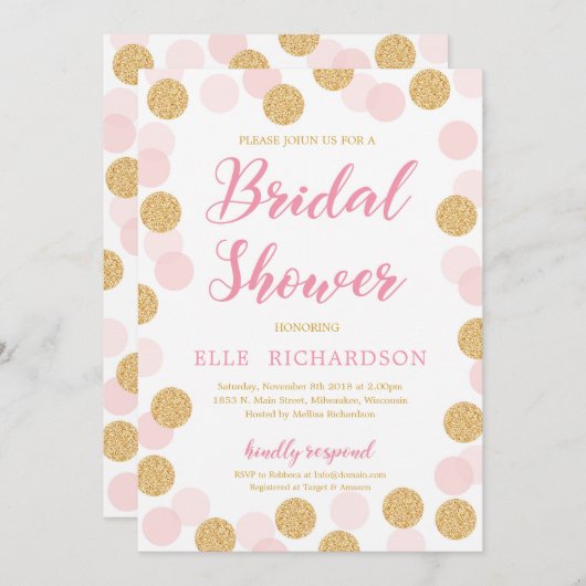 Rosa Glitzer polka Dot modernes Brautparty Einladung (Vorne/Hinten)