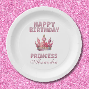 Rosa Glitzer Princess Crown Fairytale Geburtstag Pappteller