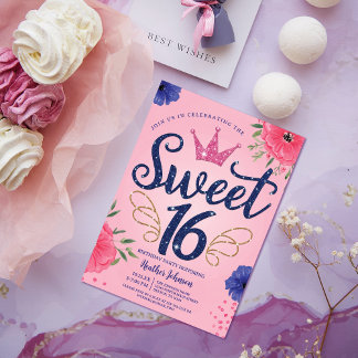 Rosa Glitzer Princess Crown Sweet 16 Geburtstag Einladung