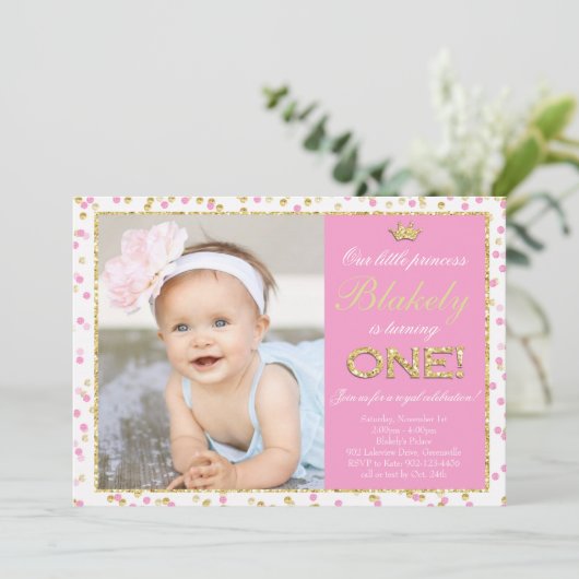 Rosa Glitzer Princess Erster Geburtstag Einladung (Stehend Vorderseite)