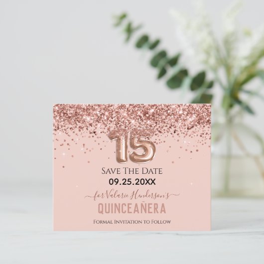 Rosa Glitzer Quinceanera Save the Date (Stehend Vorderseite)