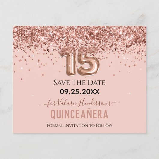 Rosa Glitzer Quinceanera Save the Date (Vorderseite)