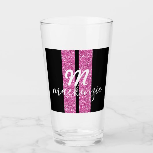 Rosa Glitzer Racing Stripe Girly Monogram Glas (Vorderseite)