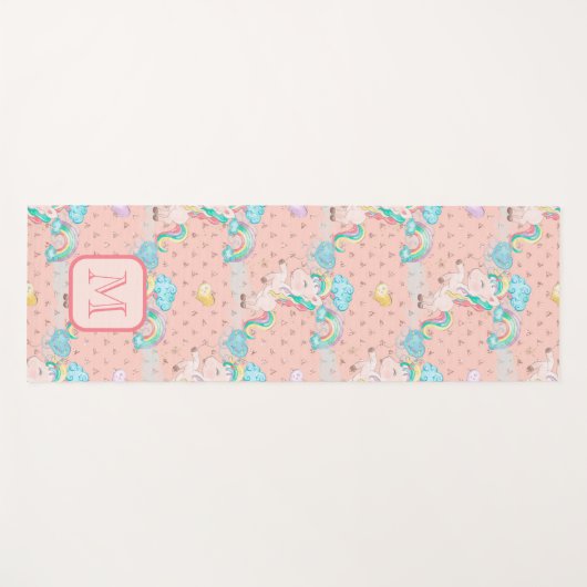 Rosa Glitzer Regenbogen Einhorn Mit Monogramm Yogamatte (Vorderseite (Horizontal))
