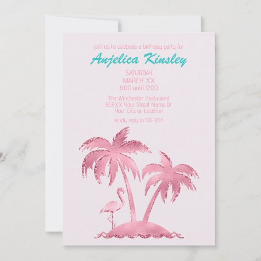 Rosa Glitzer Retro Flamingo und Palmen Bäume Einladung (Vorderseite)