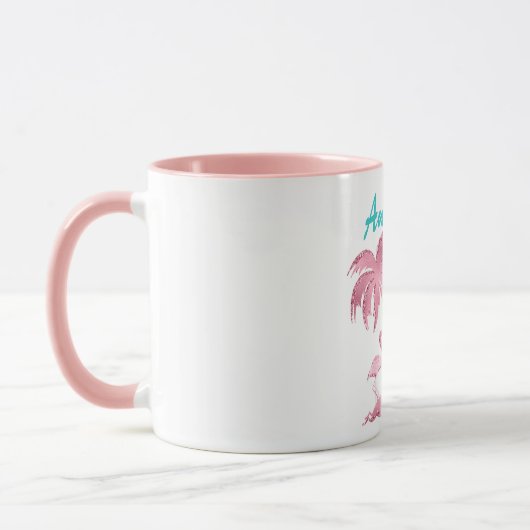 Rosa Glitzer Retro Flamingo und Palmen Bäume Tasse (Links)