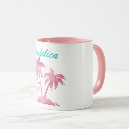 Rosa Glitzer Retro Flamingo und Palmen Bäume Tasse (VorderseiteRechts)