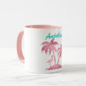 Rosa Glitzer Retro Flamingo und Palmen Bäume Tasse (Vorderseite Links)