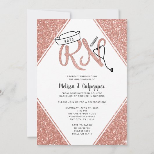 Rosa Glitzer RN Graduierungsparty oder Pinning ein Einladung (Vorderseite)