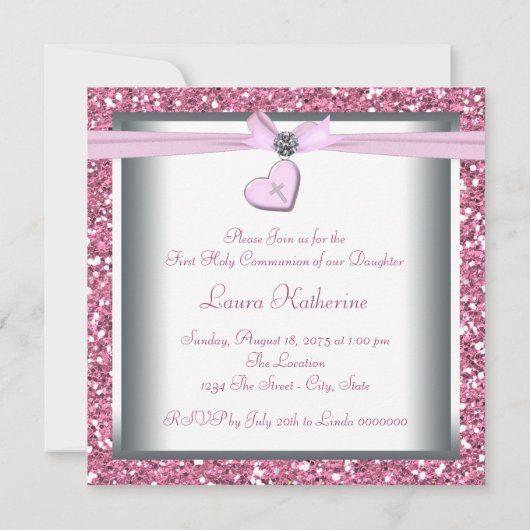 Rosa Glitzer Rosa Kreuz Erste Kommune Einladung (Rückseite)