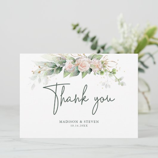 Rosa Glitzer Rose Eukalyptus Wedding Dankeskarte (Stehend Vorderseite)