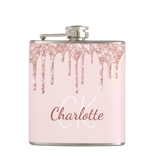 Rosa Glitzer Rose Flachmann (Vorderseite)