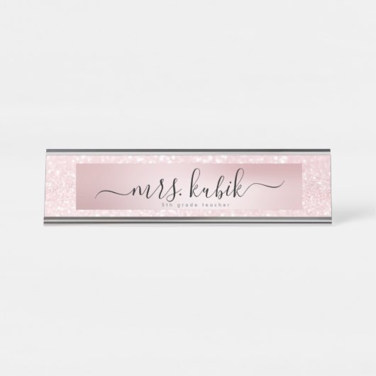 Rosa Glitzer Rose Gold Lehrer Schreibtisch Namenss Schreibtischnamensplakette (Vorderseite )