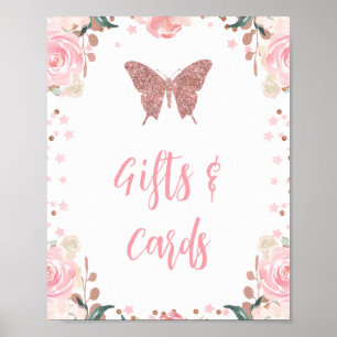 Rosa Glitzer Schmetterlingskarten und Geschenkschi Poster