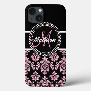 ROSA GLITZER-SCHWARZ-DAMAST IHR MONOGRAMM Case-Mate iPhone HÜLLE