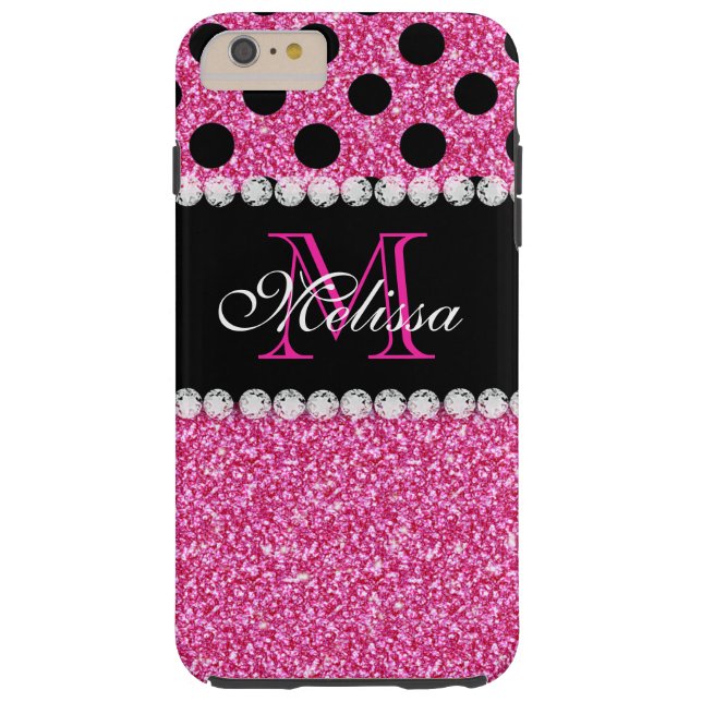 Rosa Glitzer-Schwarz-Polka-Punkte mit Monogramm Case-Mate iPhone Hülle (Rückseite)