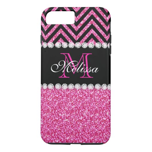 Rosa Glitzer Schwarz Zickzack Monogram Girl Case-Mate iPhone Hülle (Rückseite)
