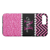 Rosa Glitzer Schwarz Zickzack Monogram Girl Case-Mate iPhone Hülle (Rückseite (Horizontal))