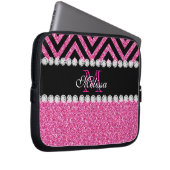 Rosa Glitzer-Schwarz-Zickzack Monogramm Laptopschutzhülle (Vorne Rechts)