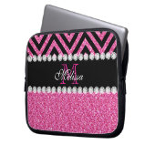 Rosa Glitzer-Schwarz-Zickzack Monogramm Laptopschutzhülle (Vorderseite Links)