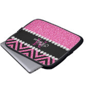 Rosa Glitzer-Schwarz-Zickzack Monogramm Laptopschutzhülle (Vorne Knopf)