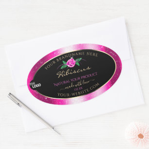 Rosa Glitzer Schwarze Produktkennzeichnungen Blume Ovaler Aufkleber