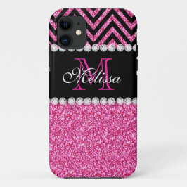 Rosa Glitzer Schwarze Zickzack Monogramm Case-Mate iPhone Hülle