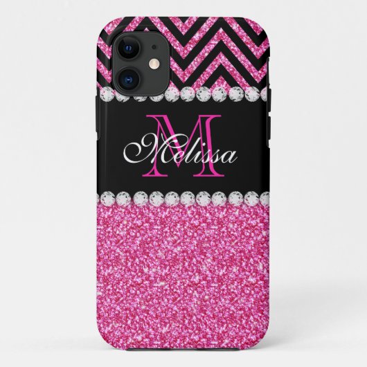 Rosa Glitzer Schwarze Zickzack Monogramm Case-Mate iPhone Hülle (Rückseite)