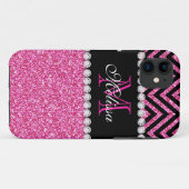 Rosa Glitzer Schwarze Zickzack Monogramm Case-Mate iPhone Hülle (Rückseite (Horizontal))
