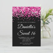 Rosa Glitzer Schwarzer Sweet 16 Einladung (Stehend Vorderseite)