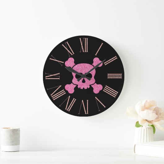 Rosa Glitzer Skull und Crossbones auf Schwarz Große Wanduhr (Zuhause)