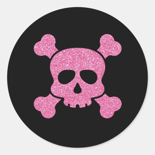 Rosa Glitzer Skull und Crossbones auf Schwarz Runder Aufkleber (Vorderseite)