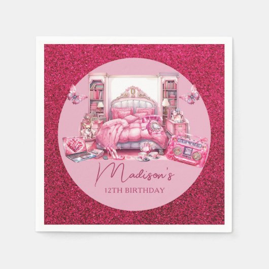 Rosa Glitzer Sleepover Girl Geburtstag Serviette (Vorderseite)