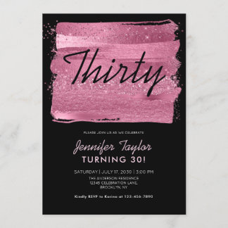 Rosa Glitzer Sparkle Brush Black 30. Geburtstag Einladung