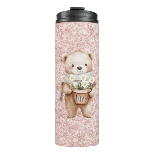 Rosa Glitzer Süßer Bär Gänseblümchen Thermosbecher (Vorderseite)