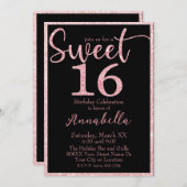 Rosa Glitzer Sweet 16 am Schwarzen Geburtstag Einladung (Vorne/Hinten)
