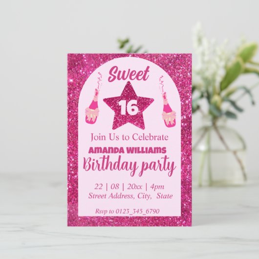 Rosa Glitzer Sweet 16 Birthday Einladung (Stehend Vorderseite)