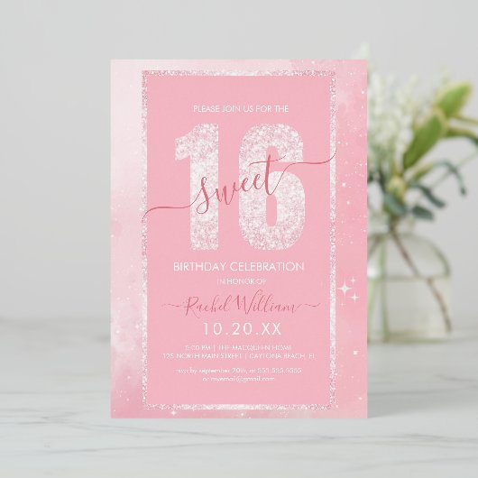 Rosa Glitzer Sweet 16 Birthday Einladung für Mädch (Stehend vorne)