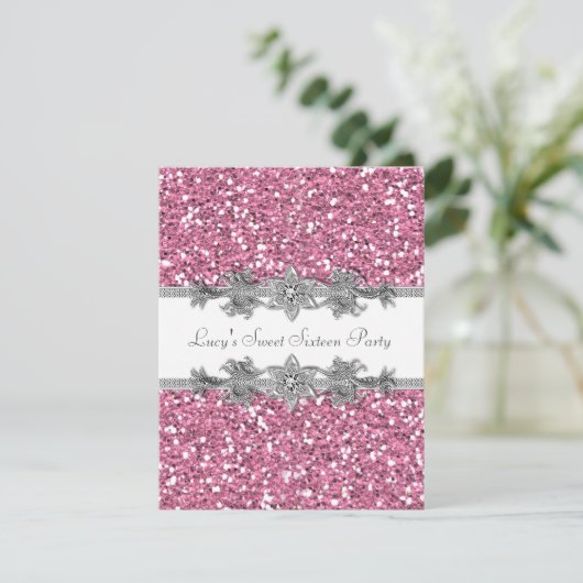 Rosa Glitzer Sweet 16 Party Einladung (Stehend Vorderseite)