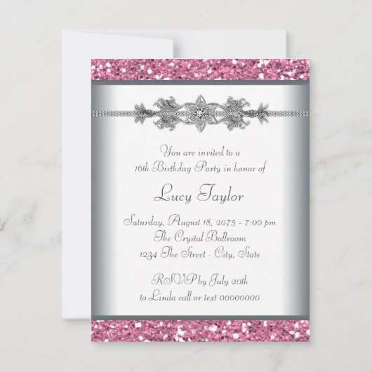 Rosa Glitzer Sweet 16 Party Einladung (Rückseite)