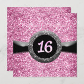 Rosa Glitzer Sweet 16 Ribbon Emblem Einladung (Vorne/Hinten)