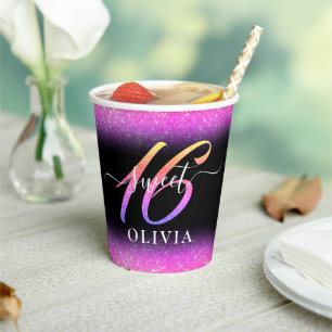 Rosa Glitzer Sweet 16 Sechzehn Papiercup Pappbecher