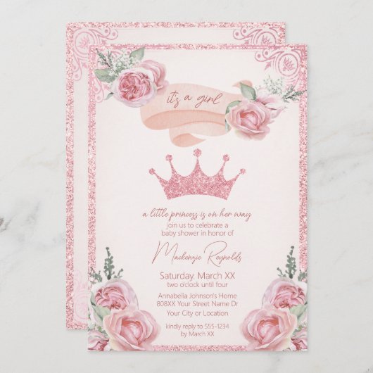 Rosa Glitzer Tiara Princess Kinderdusche Einladung (Vorne/Hinten)