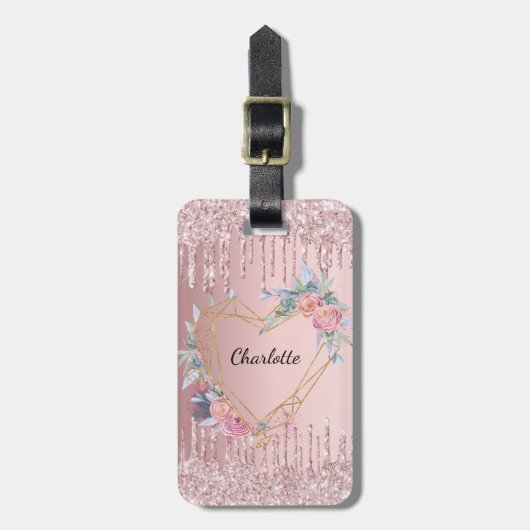 Rosa Glitzer Tropfen Blütenmonogramm Gepäckanhänger (Vorderseite vertikal)