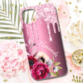 Rosa Glitzer Tropfen Bordeaux Metallfloralen Name Case-Mate iPhone Hülle